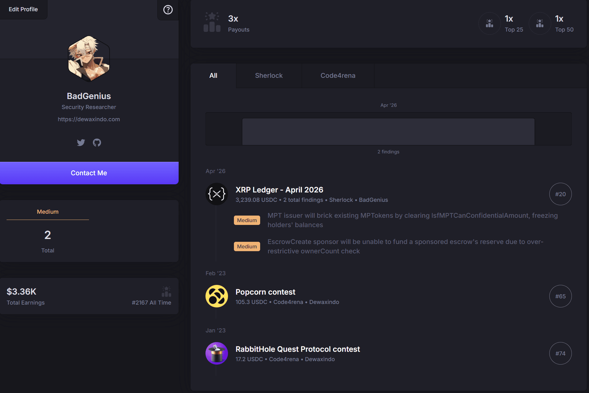 Sherlock audit contest profile for BadGenius
